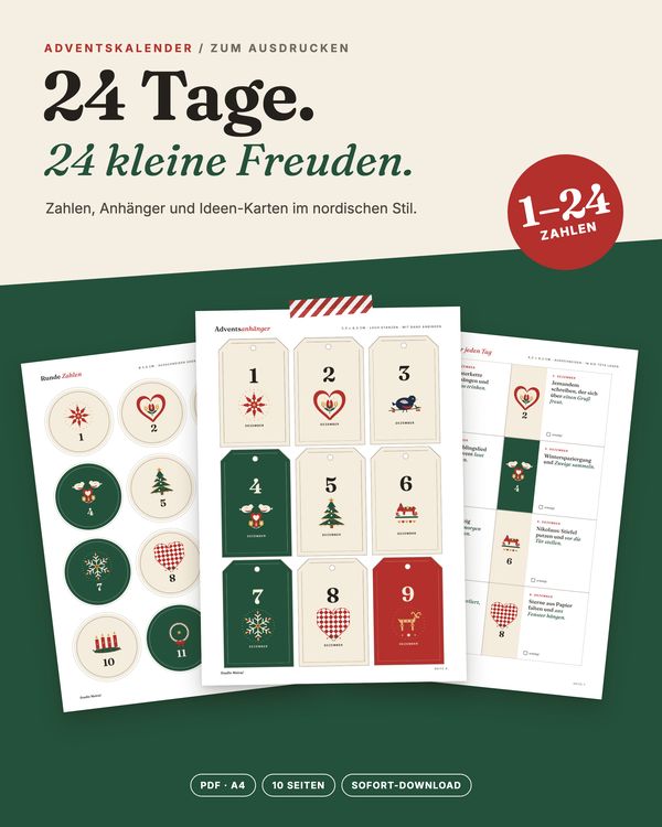 Titelbild des Adventskalenders „Nordisk Jul“: Zahlen-Etiketten und Anhänger
