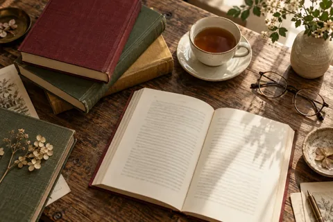 Bücherstapel und aufgeschlagenes Buch auf einem Holztisch