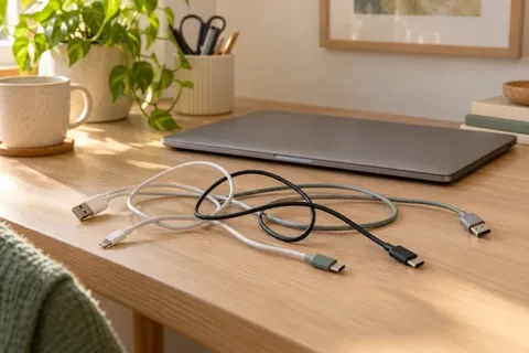 Lose Ladekabel auf einem Schreibtisch