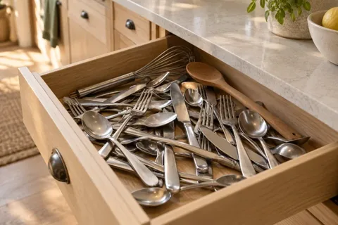 Offene Besteckschublade mit losem Besteck