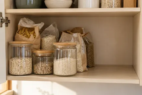 Vorratsgläser und Tüten im offenen Küchenschrank