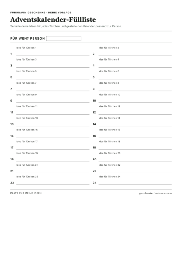 Vorschau: Adventskalender-Füllliste zum Ausdrucken
